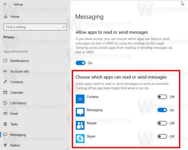 Disable Certain App Access To Messaging In Windows 10