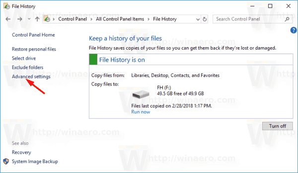 File History Click Advanced Settings