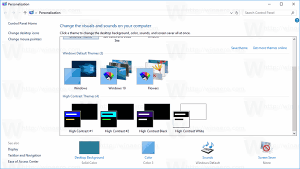 Диалог персонализации Windows 10 Classic