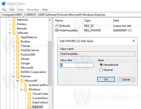 Windows 10 Disable People Bar Registry Tweak