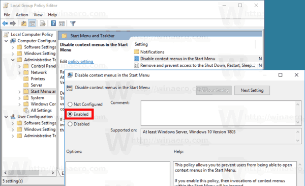 Windows 10 Отключение контекстного меню меню «Пуск», групповая политика
