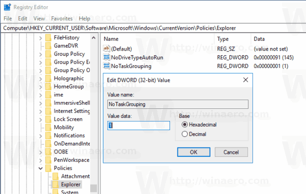 Windows 10 Disable Taskbar Groupping Regedit