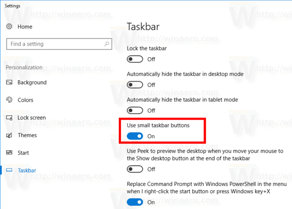 Windows 10 Enable Small Taskbar Buttons