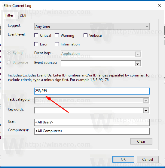 Windows 10 Event Viewer Filter Dialog