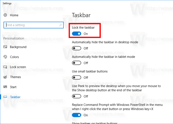 Блокировка панели задач Windows 10 в настройках