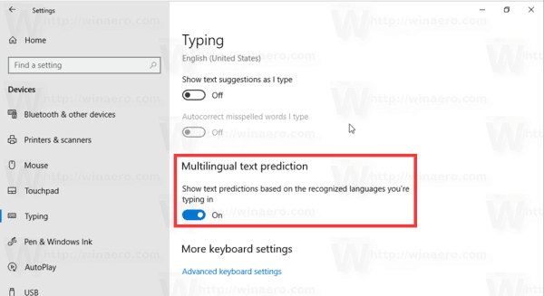 Windows 10 Multilingual Text Prediction