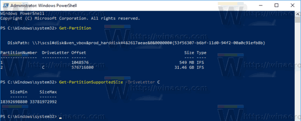 Windows 10 PowerShell Get PartitionSupportedSize