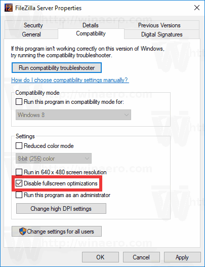 Windows 10 Disable Fullscreen Optimizations Per App