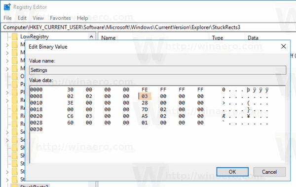 Настройка реестра расположения панели задач Windows 10, шаг 2
