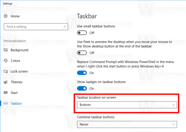 Windows 10 Taskbar Location Option