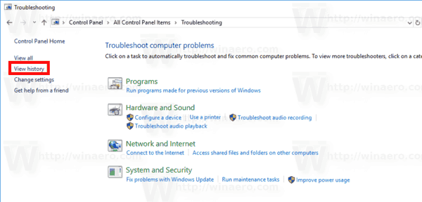 Windows 10 Troubleshooting History Link