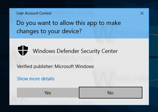 Windows Defender Secuirty Center UAC Prompt 