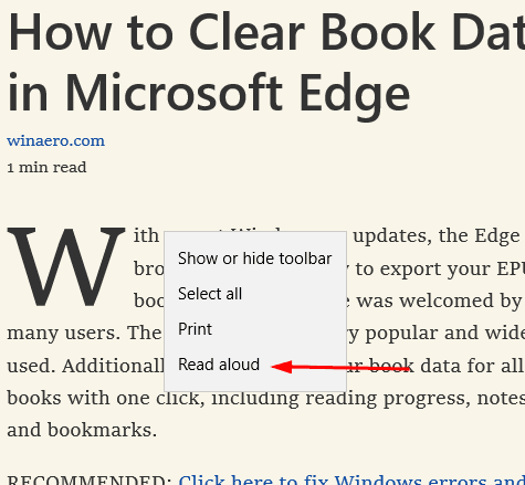 Read Aloud Conext Menu Microsoft Edge