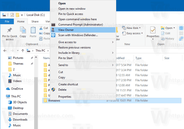 Add View Owner Context Menu In Windows 10