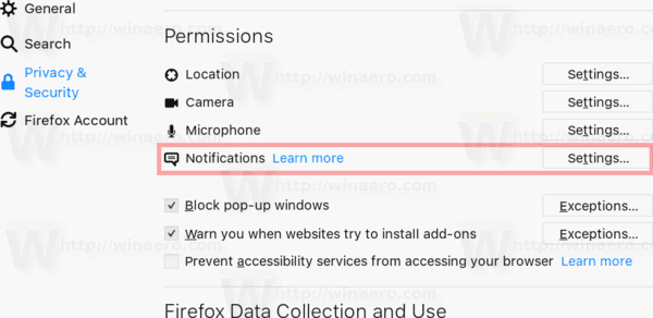 Firefox Web Notification Options