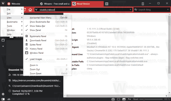 Vivaldi Enable Main Menu