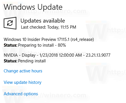 Ход обновления Windows 10 Build 17115