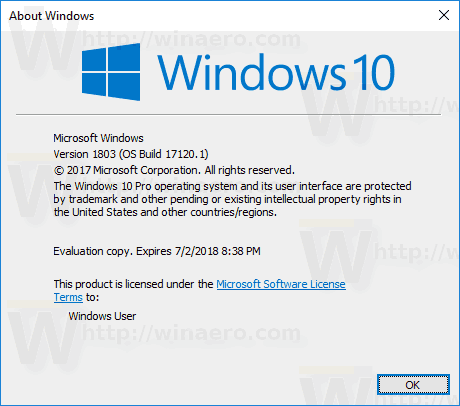 Windows 10 сборка 17120 Winver