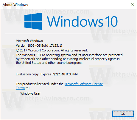 Windows 10 Build 17123 Winver
