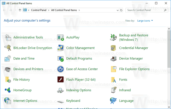 Windows 10 Control Panel Large Icons View