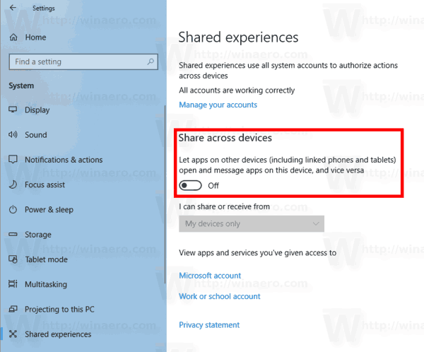 Windows 10 Disable Shared Experiences