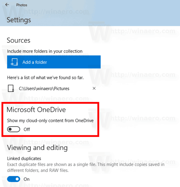 Фотографии Windows 10 не включают изображения Onedrive