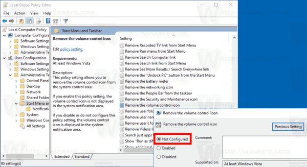 Значок тома Windows 10 отключен с помощью групповой политики 2