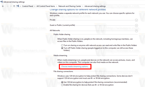 Choose Media Streaming Options Windows 10