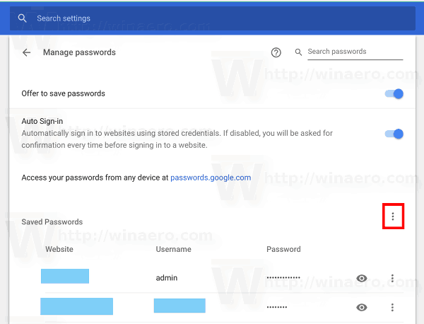 Chrome Manage Passwords Button