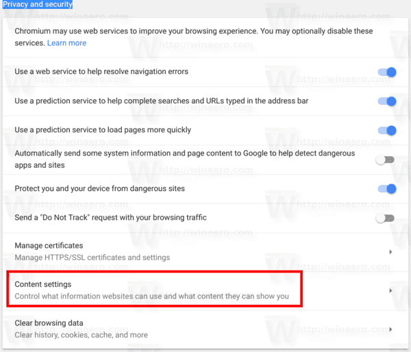 Chrome Content Settings Link
