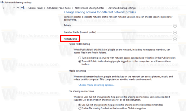 Expand All Networks Section Sharing Center Windows 10