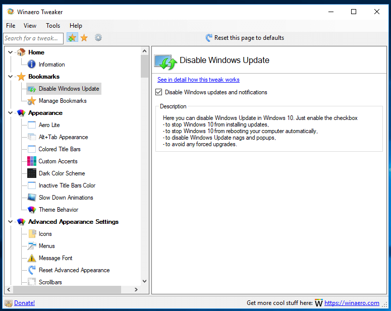 Winaero Tweaker 0.10 Disable Windows Update