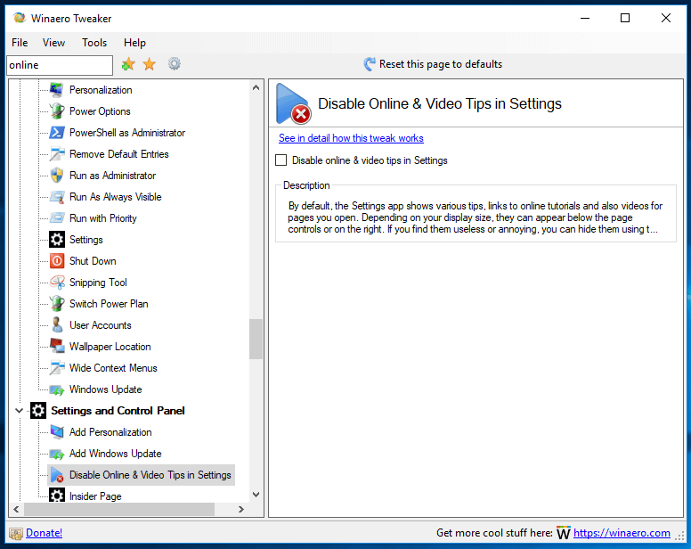 Winaero Tweaker 0.10 Disable Online Tips