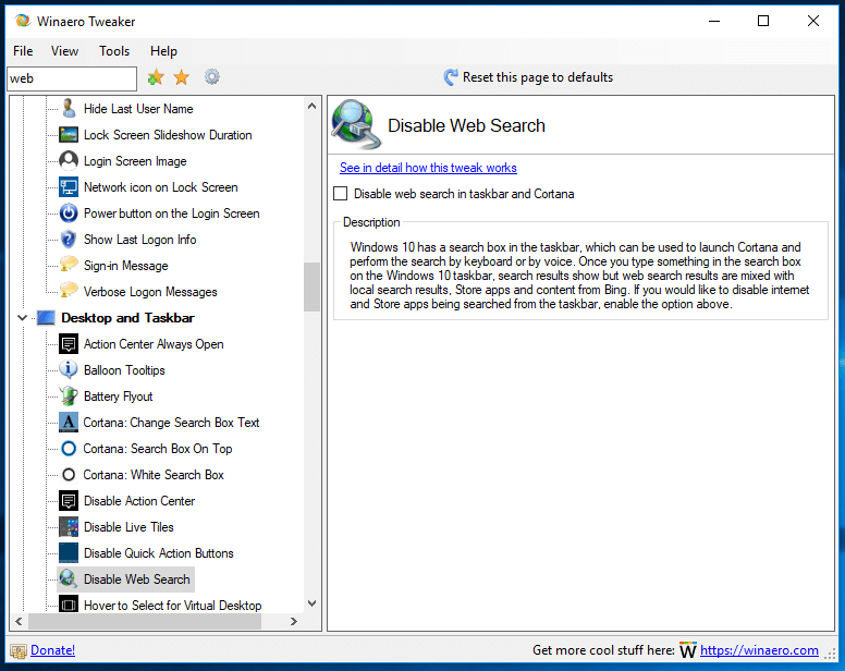 Winaero Tweaker 0.10 Disable Web Search