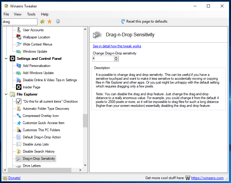 Winaero Tweaker 0.10 Drag Drop Sensitivity