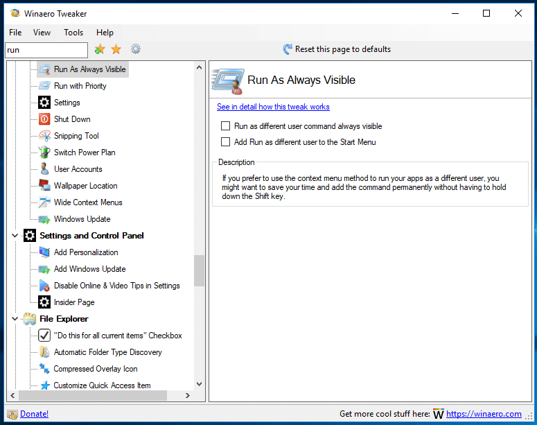 Winaero Tweaker 0.10 Run As Always Visible
