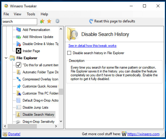 Winaero Tweaker 0.10 Disable Search History