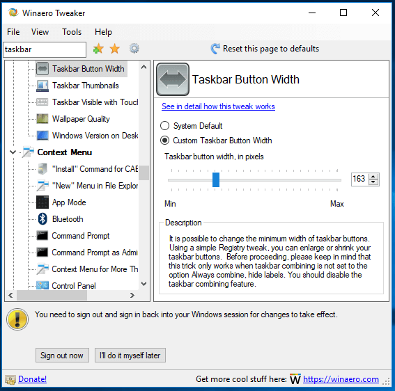 Winaero Tweaker 0.10 Taskbar Button Width