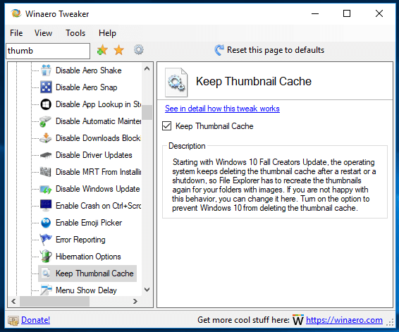 Winaero Tweaker 0.10 Thumbnail Cache