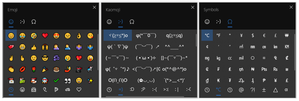 The emoji panel, showing emoji page, kaomoji page, and symbols page.