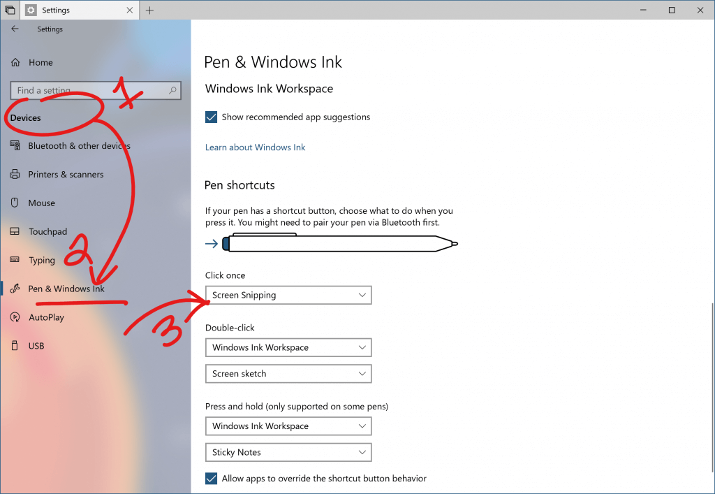 Pen & Windows Ink Settings, showing click once to open Screen Snipping
