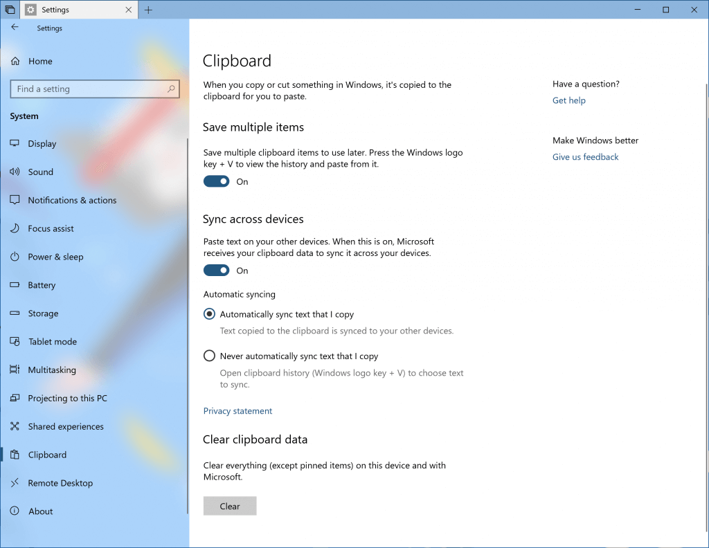 Cloud Clipboard Settings Page