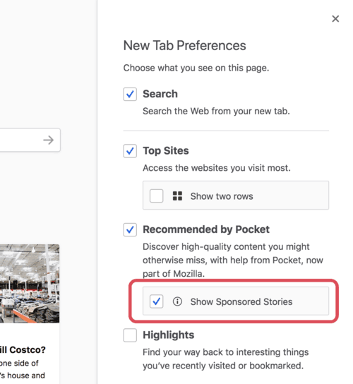 Firefox 60 New Tab Page Sponsored Stories Option 