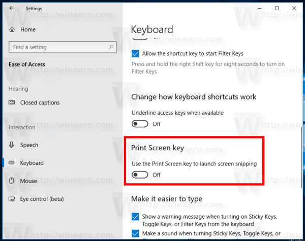 The Screen Snip option for the Print Screen key on Windows 10