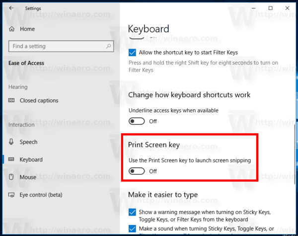 Enable Print Screen Key to Launch Screen Snipping Windows 10