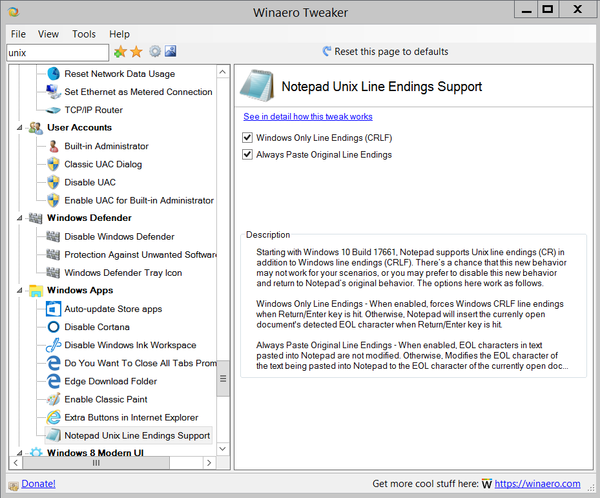 Winaero Tweaker Unix Line Endings Notepad