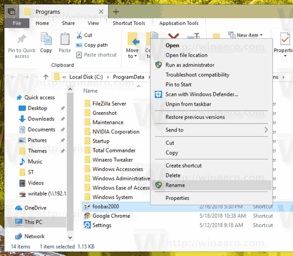 Windows 10 Start Menu Rename Item