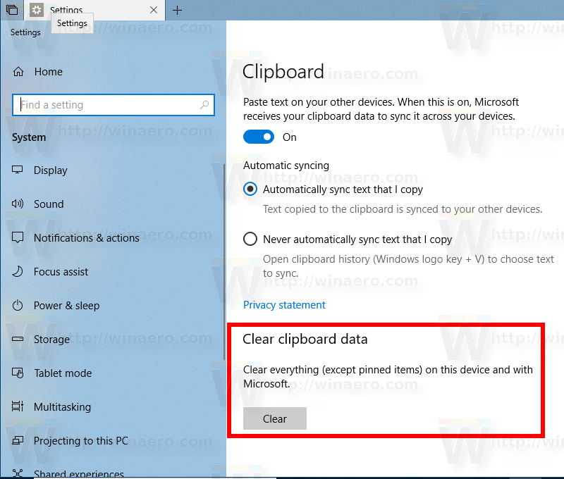 Clear Clipboard History in Windows 10