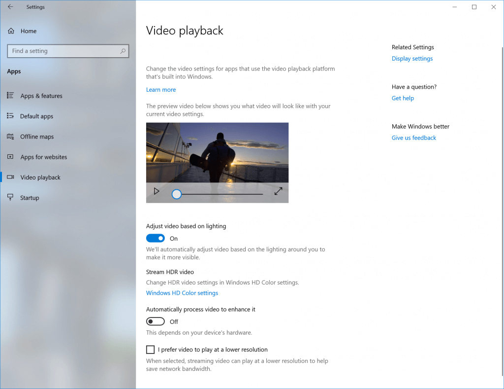 Showing Video Playback Settings with âadjust video based on lightingâ setting.
