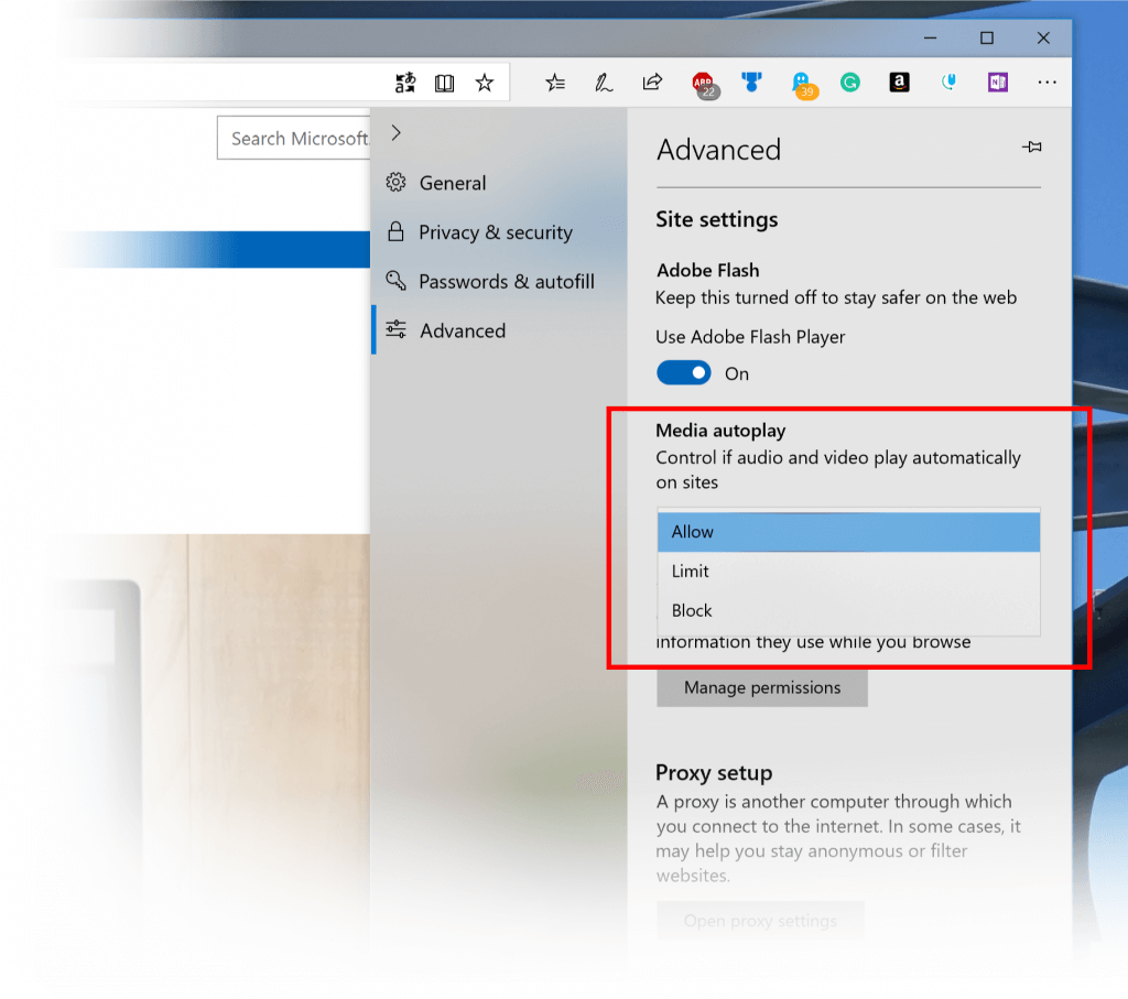 In this build, we’ve added a new setting in Microsoft Edge to allow you to control whether sites can autoplay media. You can find this setting under “Advanced Settings” > “Media autoplay”.
